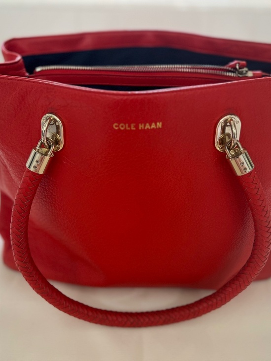 Cole Haan Handbags - Cole Haan Red Pebbled Leather Tote Bag Gold Hardware Braided Handles